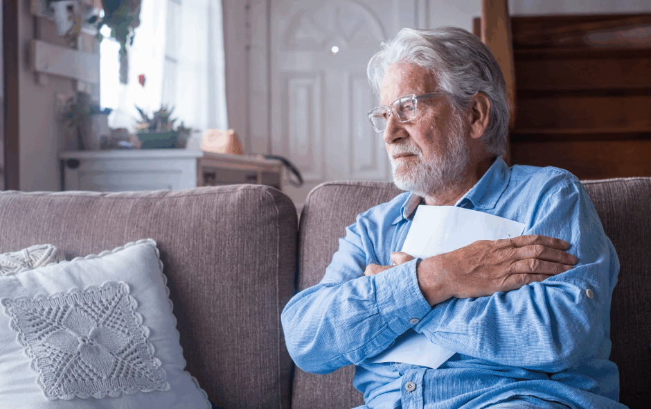 elderly man sitting in living room looking into the distance